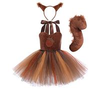 Kid Baby Girls Animal Cosplay Costume Princess Fancy Halloween Dress Up Tiger Leopard Giraffe Squirrel Tulle Dress with Headband Tail 3PCS Carnival Birthday Party Outfit Coffee-Squirrel 9-10 Years