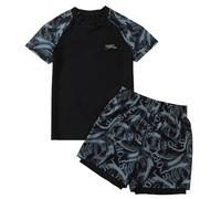 Kid Boys 2 Piece Summer Swimsuit Short Sleeve Rash Guard Shirt with Swim Trunks Beach Bathing Suit Sun Protection UPF Swimwear Graphite 13-14 Years