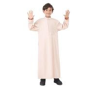 Kid Boys Arab Islam Thobe Button Down Muslim Robe Long Sleeve Solid Color Tobe Kaftan Dubai Ethnic Clothes Arabic Thobe Kaftan Crew National Costume Teenage Boys Athletic Beige