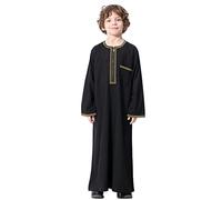 Kid Boys Arab Islam Thobe Button Down Stripe Print Muslim Robe Long Sleeve Solid Color Tobe Kaftan Dubai Style Ethnic Clothes