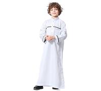 Kid Boys Arab Islam Thobe Button Down Stripe Print Muslim Robe Long Sleeve Solid Color Tobe Kaftan Dubai Style Ethnic Clothes White 11-12 Years