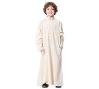 Kid Boys Arab Islam Thobe Button Down Stripe Print Muslim Robe Long Sleeve Solid Color Tobe Kaftan Dubai Style Ethnic Clothes Beige-Plain 13-14 Years