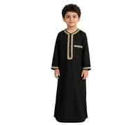Kid Boys Arab Islam Thobe Button Down Stripe Print Muslim Robe Long Sleeve Solid Color Tobe Kaftan Dubai Style Ethnic Clothes Black