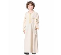 Kid Boys Arab Islam Thobe Button Down Stripe Print Muslim Robe Long Sleeve Solid Color Tobe Kaftan Dubai Style Ethnic Clothes