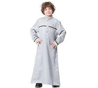 Kid Boys Arab Islam Thobe Button Down Stripe Print Muslim Robe Long Sleeve Solid Color Tobe Kaftan Dubai Style Ethnic Clothes Grey 7-8 Years
