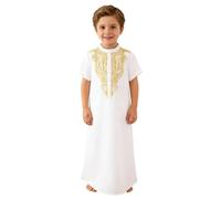 Kid Boys Arab Islam Thobe Print Muslim Robe Short Sleeve Solid Color Tobe Kaftan Dubai Style Ethnic Clothes Muslim Islamic Robe Middle Eastern Muslim National Costume Robe White