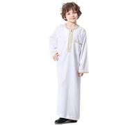 Kid Boys Muslim Thobe Long Sleeve Embroidery Arabic Islamic Robe Solid Color Zipper Up Tobe Kaftan Dubai Style Ethnic Clothes White-Embroidery 5-6 Years