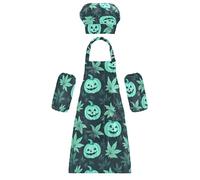 Kid Chef Apron Hat Cute Halloween Cartoon Pumpkins Maple Leaf Green Painting Aprons with Pockets for Toddlers 3-12 Years Old