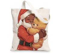 Kid Christmas Black Santa Claus Canvas Tote Bag for Shopping 13 * 15, Xmas African American Reusable Grocery Bag for Women, Holiday Happy Aesthetic Painting Gift Decoration