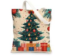 Kid Christmas Tree Canvas Tote Bag for Shopping 13x15, Cartoon Cute Xmas Balls Reusable Grocery Print Bag for Women Men, Happy Holiday Aesthetic Painting Gift Decor