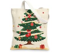 Kid Christmas Tree Canvas Tote Bag for Shopping 13x15, Cartoon Cute Xmas Balls Reusable Grocery Print Bag for Women, Happy Holiday Beach Aesthetic Painting Gift Decor