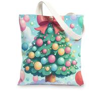 Kid Christmas Tree Canvas Tote Bag for Shopping 13x15, Fun Cartoon Xmas Balloons Reusable Grocery Print Bag for Women, Happy Holiday Beach Aesthetic Painting Gift Decor