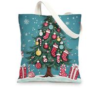 Kid Christmas Tree Canvas Tote Bag for Shopping 13x15, Whimsical Cartoon Fun Xmas Socks Reusable Grocery Print Bag for Women, Happy Holiday Aesthetic Painting Gift Decor