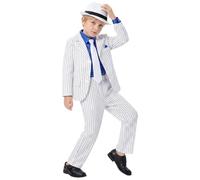 Kid Costume Pinstripe Suit Outfit Sets Jacket Pants Gloves Sunglasses Hat Sets Stage Party Halloween Cosplay Dance Wear 80s Disco Outfit Star Stage (White, 8-9 Years)