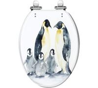 Kid Elongated Toilet Seat - Decorative White Antarctic Penguin Design, Resin Material, Quiet Close, Quick Release Hinges, Bumpers, Easy Install & Clean