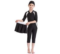 Kid Girl Muslim Swimwear Modest Islamic Burkini Rash Guard Short Sleeve One-piece Swimsuit UV Protection Bathing Suit Pakistan Dubai Middle East Surf Outfit Skirt Cap Swim Costume Black + White 3-4Y