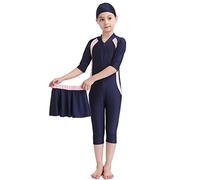 Kid Girl Muslim Swimwear Modest Islamic Burkini Rash Guard Short Sleeve One-piece Swimsuit UV Sun Protection Bathing Suit Pakistan Dubai Middle East Surf Skirt Cap Swim Costume Navy Blue + Pink 9-10Y