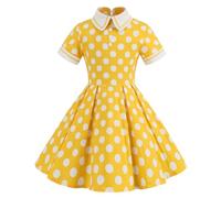 Kid Girls 1950s Rockabilly Dress Short Sleeve Polka Dot Cherry Print Swing Dress Elegant Vintage Audrey Hepburn Birthday Party Dress Yellow 7-8 Years