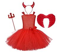 Kid Girls Angel Devil Costume Fancy Halloween Cosplay Dress Up Princess Tulle Tutu with Horn Wings Pitchfork 4pcs Birthday Christmas Carnival Party Outfit Red 2 Years