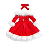 Kid Girls Christmas Dress Set Faux Fur Velvet Long Sleeve Off Shoulder Dress High Waist A-line Princess Dress+Headband Outfit (Red, 6-7 Years)