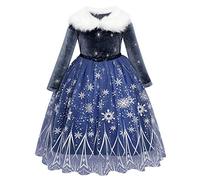 Kid Girls Elsa Costume Princess Fancy Halloween Carnival Cosplay Dress Up Long Sleeve Velvet Tulle Tutu with Accessory Birthday Party Outfit Dark Blue