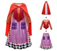 Kid Girls Halloween Witch Costume Winifred Sarah Mary Sanderson Fancy Cosplay Dress Princess Evil Queen Dress Up with Cape Birthday Carnival Party Outfit Red 6-7 Years