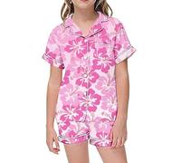 Kid Girls ilk Satin Pajamas Set Flower Print Button Down Short Sleeve Lapel Top T-Shirt + Shorts Two Pieces ounge Sleepwear Summer Nightwear Sleepwear js Nightclothes (Pink, 8-9 Years)