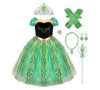 Kid Girls Princess Anna Dress Frozen Snow Queen Coronation Costume Halloween Christmas Carnival Fancy Cosplay Dress Up Flower Tutu Birthday Party Gown with Fairy Accessories Outfit Green 3-4 Years