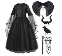 Kid Girls Princess Costume Fancy Evil Queen Dress Up Devil Witch Costume Lace Tulle Dresses with Horn and Wings for Halloween Carnival Cosplay
