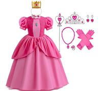 Kid Girls Princess Peach Costume Halloween Fairy Cosplay Dress Up Pink Short Puff Sleeve Party Tutu with Crown Headband Fancy Birthday Christmas Carnival Outfit Hot Pink Set 6-7 Years