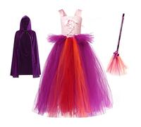 Kid Girls Witch Halloween Costume Princess Winifred Sarah Mary Devil Dress Evil Queen Fancy Cosplay Dress Up with Cape Hat Broom Birthday Tutu Carnival Party Outfit Purple 8-10 Years