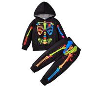 Kid Halloween Outfit Baby Boy Clothe Set Glow in The Dark Halloween Skeleton Costume for Kids Long Sleeve Hooded Top and Pants Two Piece Outfit Toddler Girls Boys Jumpsuit Clothes(Black, 5-6 Years)