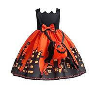 Kid Halloween Outfit Belle Dress Kids Girls Halloween Pumpkin Pageant Dress Party Child Bowknot Costume Gown Bag Set Size 4 Girls Sweaters (Orange, 7-8 Years)