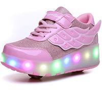 Kid LED Flashing Lights Up Roller Skate Shoes with Wheels Automatic Retractable Technical Skateboarding Shoe Boys and Girls Inline Wheel Skates Cross Trainers Angel Wings Running Sneakers