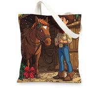 Kid Merry Christmas Western Cowboy Canvas Tote Bag for Shopping 13x15, Southwest Xmas Horse Reusable Grocery Print Bag for Women, Holiday New Year Aesthetic Painting Gift Decoration