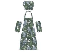 Kid Paint Smock Functional Cartoon African Grey Parrot Sage Green Children Aprons with Pockets for Cooking Baking 3-12 Years Old