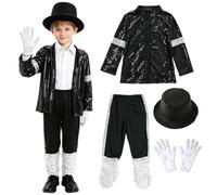 Kid Performance Outfit Sequin Shiny Costume for Boy Girl Jacket Pants Gloves Sunglasses Hat Sets Stage Party Halloween Cosplay Dance Wear 80s Disco Outfits 80s Disco Costume