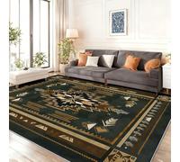 Kid & Pet Friendly Dark Green Tribal Area Rug, Small 60 x 110 cm Low Pile Flannel Carpet for Office, Washable Geometric Triangle Floor Mat, Non Slip Soft Durable Home Decor