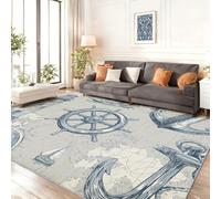 Kid & Pet Friendly Grey Nautical Area Rug, Small 60 x 110 cm Low Pile Flannel Carpet for Nursery, Washable Lighthouse Compass Floor Mat, Non Slip Soft Durable Home Decor