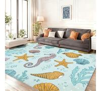 Kid & Pet Friendly Starfish Seashell Area Rug, Small Yellow 60 x 110 cm Low Pile Flannel Carpet for Nursery, Washable Office Floor Mat, Non Slip Soft Durable Decor