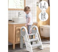 Kid Step Stool Plastic Toddler Step Stool for Kids Three Step Standing Tower for Kitchen/Bathroom/Toilet Potty Training, Learning Helper with Handles and Safety Non-Slip Pads (Grey)