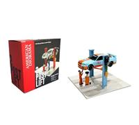 Kidaromo 1:64 Garage Lift & Accessory Model Set, Include Auto Lift, Oil Drain Pan & Figure, Realistic Miniature Car Workshop Diorama for Diecast Display & Custom Scenes, for Car Fans