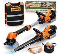 KidBloom 2 IN 1 Toy Strimmer & Toy Leaf Blower with Sounds & Lights | Kids Tool Set with Vest, Mask & Goggles, Kids Garden Toy, Outdoor Play Toys, Christmas Birthday Gifts for 3 4 5 Year Old Boys