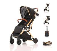 Kidcol Travel Stroller | Pram & Strollers Pushchair for Toddlers Up to 4 Years | Black Buggy with 5-Point Harness | Adjustable Seat Back & Footrest, Spacious Basket & Cup Holder (Black/Gold)