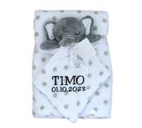 KIDDI-MEDIA Baby Blanket Including Comforter with Name and Date of Birth Embroidered/Cuddly Soft / 1A Quality (Grey Elephant Stars)