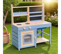 Kiddo Acorn Wooden Mud Kitchen Outdoor Cooking Playset with Oven with Hob, Chalkboard, Blue, Includes Accessories, Ages 12 Months+