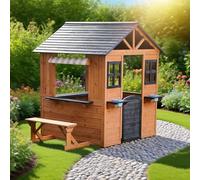 Kiddo Meadow Wooden Playhouse with Seating Bench, Half Door, Open Windows, Outdoor Home Playset for Kids, Ages 12 Months+