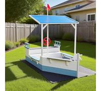 Kiddo Skipper Sandpit Boat with Canopy, Steering Wheel, Seating and Flag Pole, Blue and White, Outdoor Play Sand Pit for Children with Base Sheet
