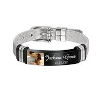 Kiddo Sky Black Personalized Bracelet for Dad Men Engraved Photo Name Text Mens Stainless Steel Picture Bracelet Personalized Memorial Gifts for Father Birthday Anniversary Husband Grandpa Son