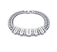Kiddo Sky Personalised Stainless Steel Cuban Chain Bracelet with 2-8 Names Engraved Custom Beads ID Name Bracelet for Dad Men (Style B, Sliver)